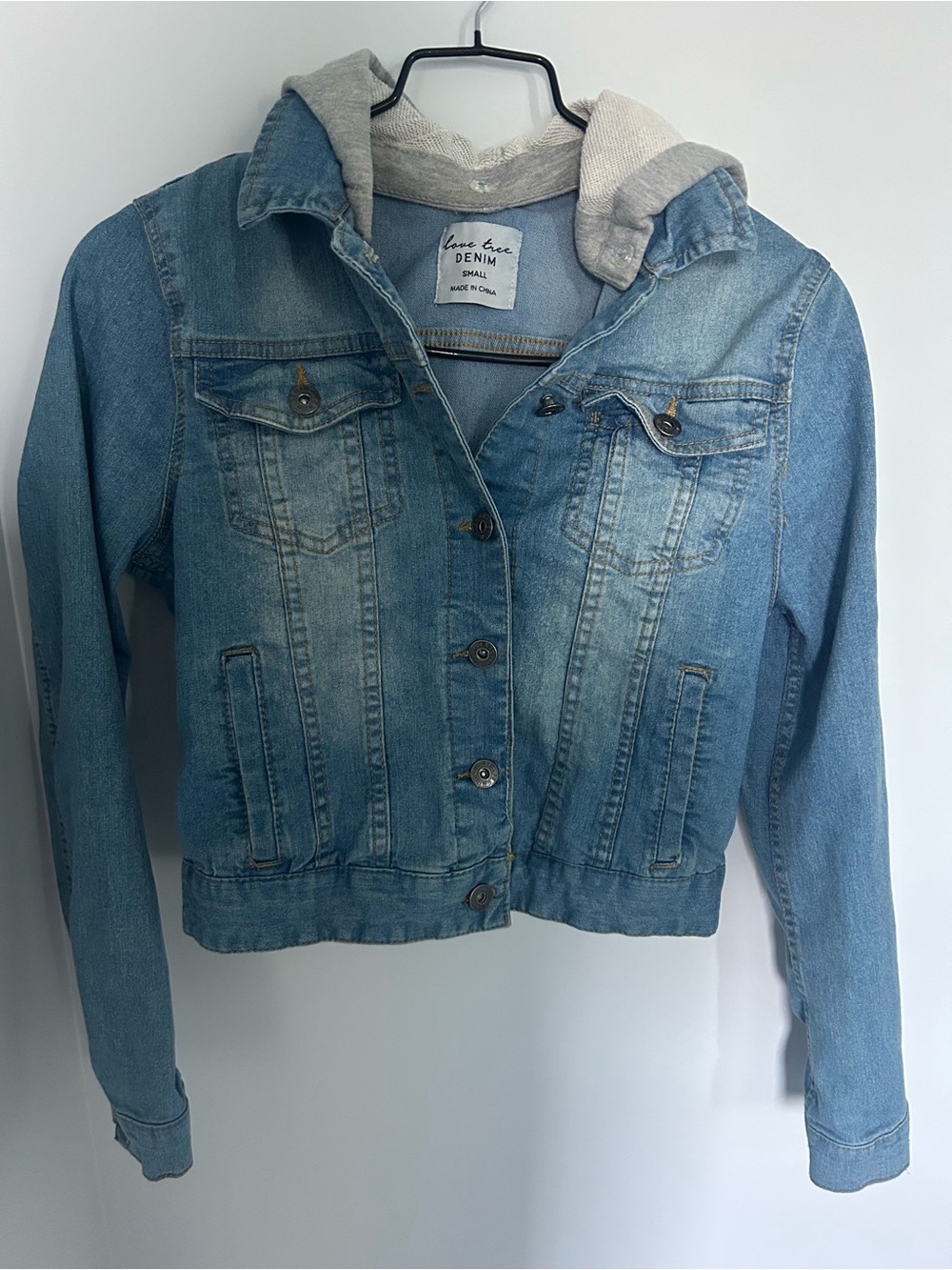 Love Tree Light Wash Denim Jacket with Gray Hood